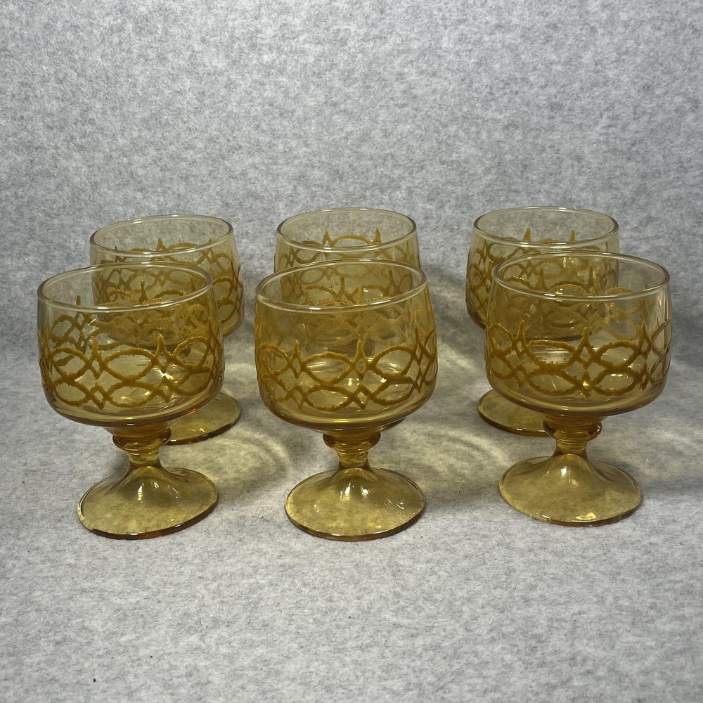 VTG Amber Glass Goblet Set 6 Textured Scroll Lattice Pattern Mid Century Barware